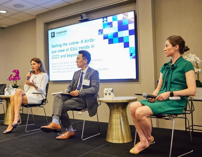 (l to r) Rebecca Corbin, Corbin Advisors; Ki Hoon Kim, HPE; Jessica McDougall, BlackRock