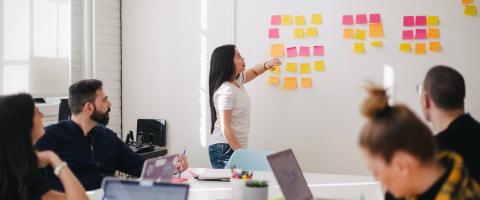 Meeting with whiteboard covered in Post-it notes