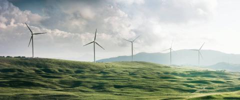 Wind turbines on hill in mist